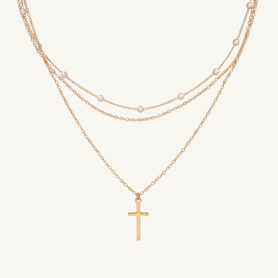 Triple Layer Pearl Cross Necklace