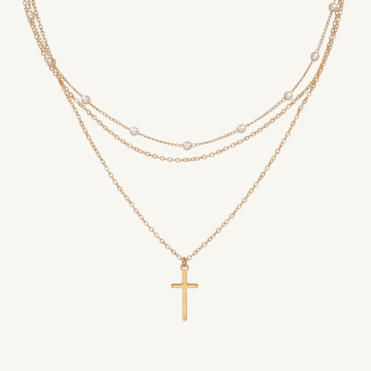 Triple Layer Pearl Cross Necklace