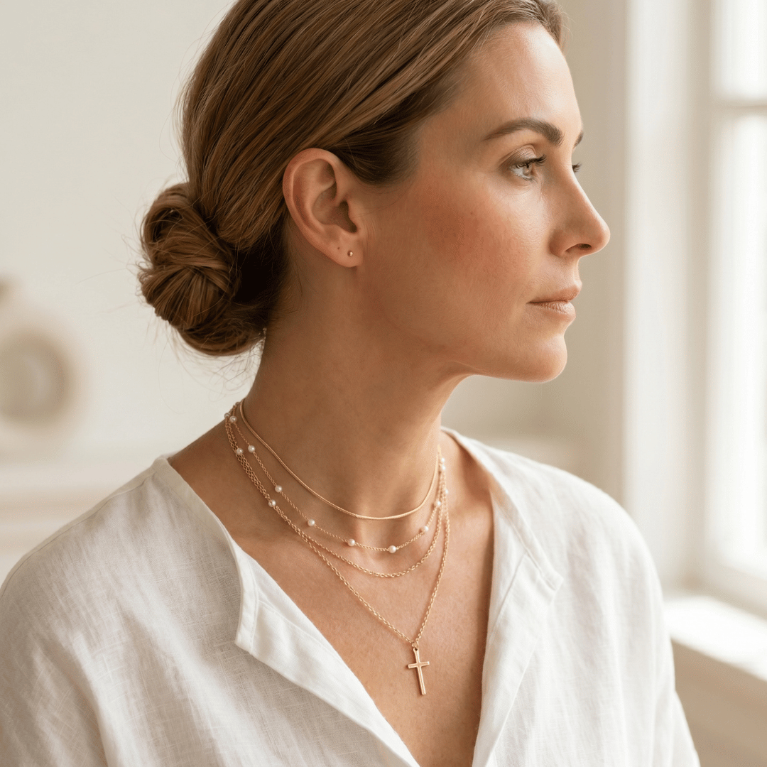Triple Layer Pearl Cross Necklace