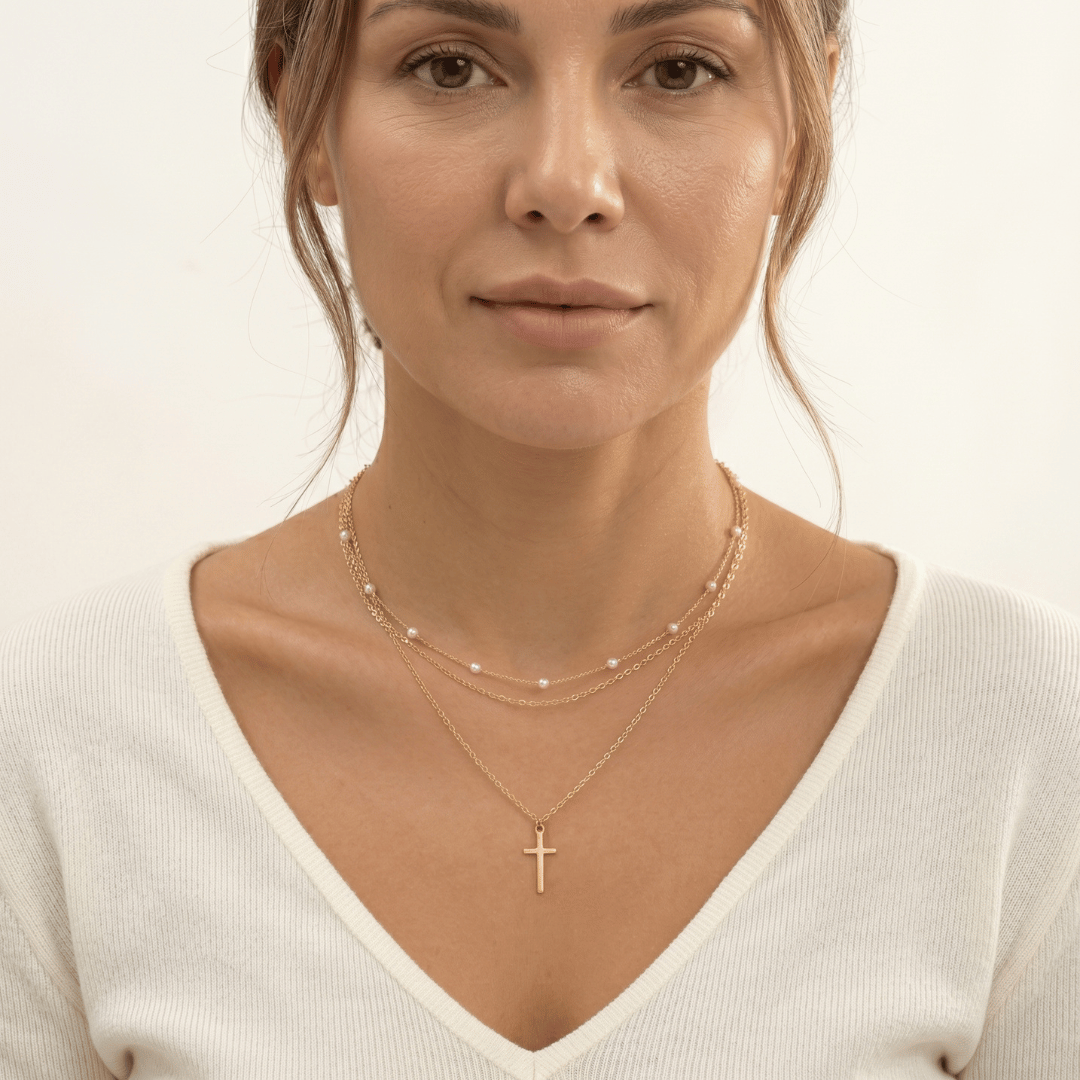Triple Layer Pearl Cross Necklace