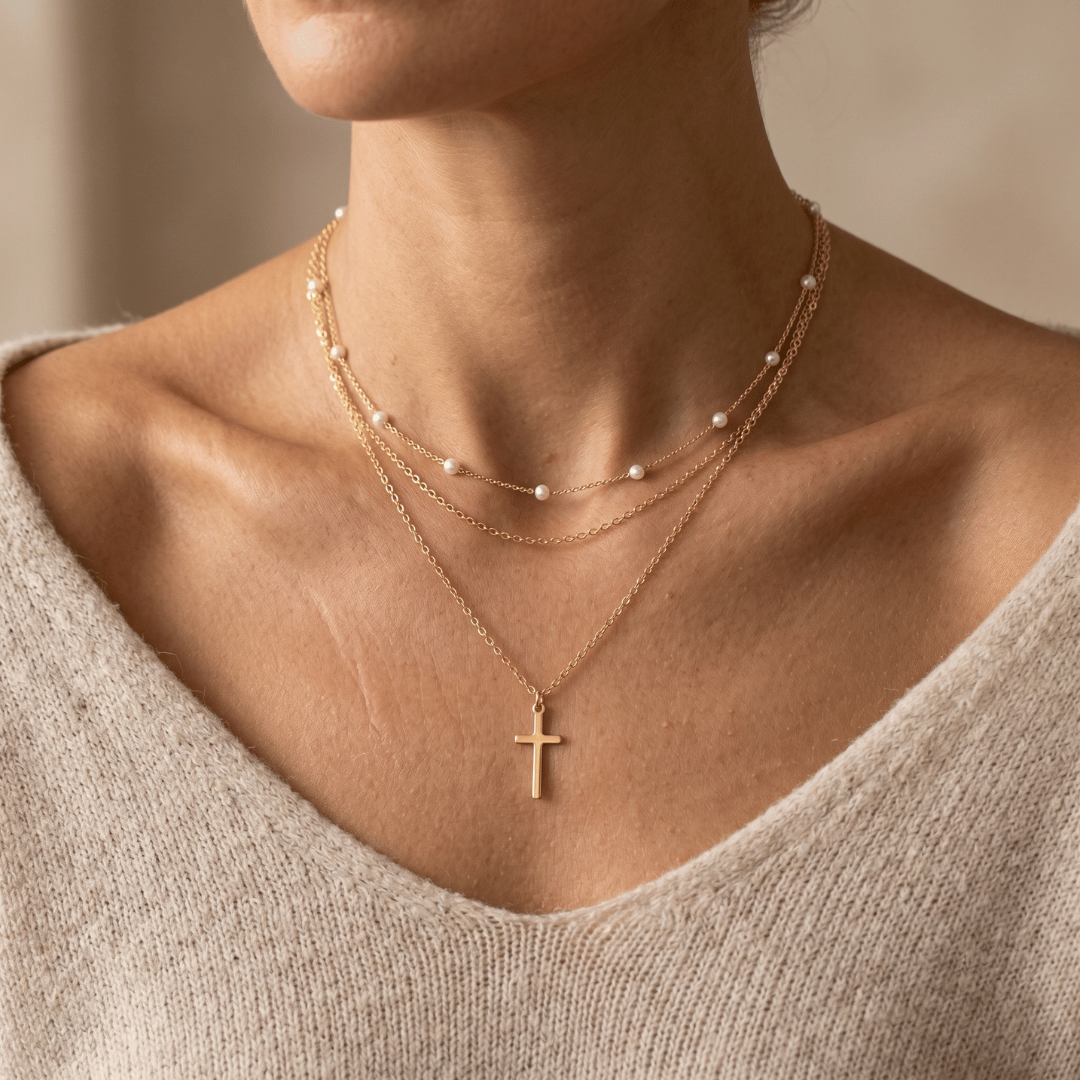 Triple Layer Pearl Cross Necklace