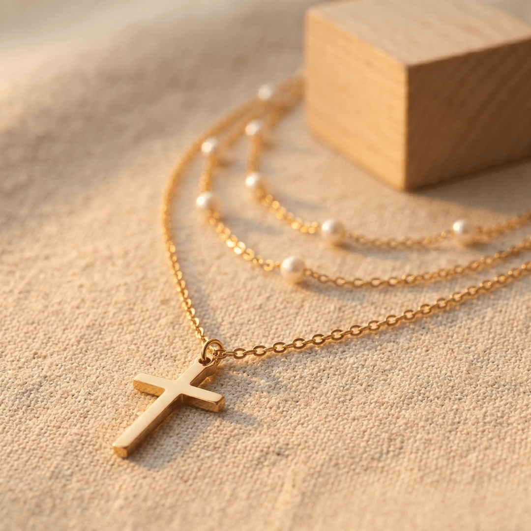 Triple Layer Pearl Cross Necklace